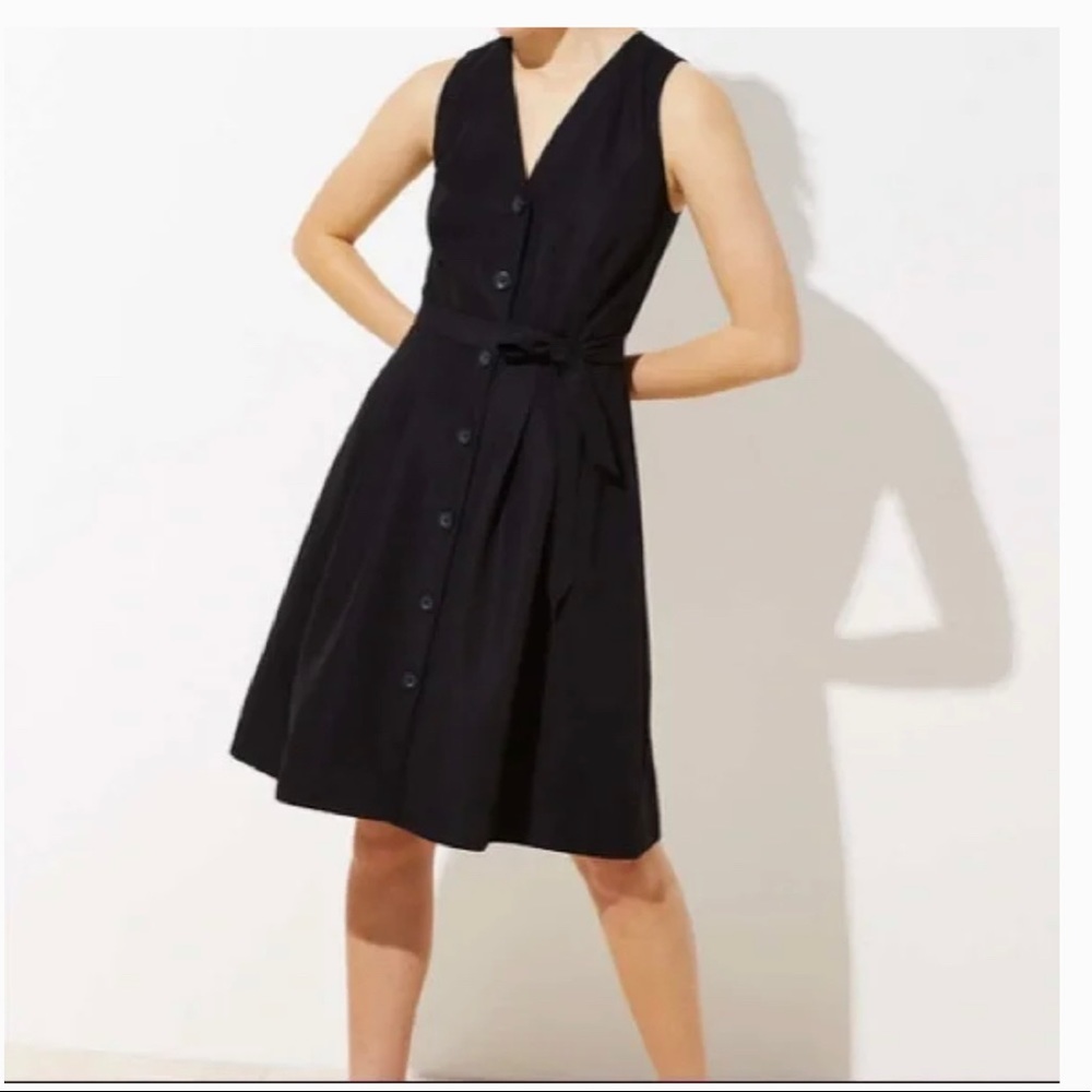 LOFT Black Button Front A-like Flare Dress, 00 petite
